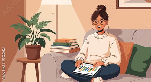 Digital nomad lifestyle: Young woman working from home with tablet on sofa