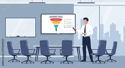 Strategic marketing presentation inside a modern office boardroom setup illustration