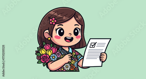 Cartoon girl checks sheet, floral shirt, flower adorns hair