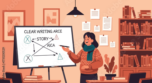 Illustrative presentation of clear writing arc concept with instructor in study room