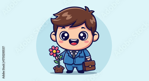 Cartoon businessman holding briefcase and flower