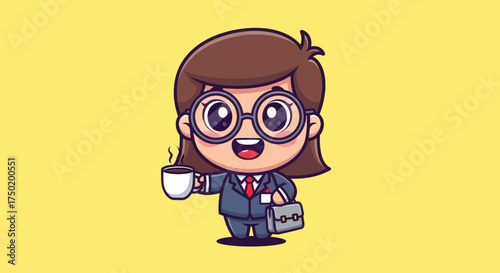 Cartoon businesswoman with coffee and briefcase on a yellow background