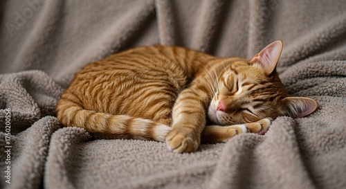 A beautiful ginger tabby cat is peacefully curled up and sound asleep on a plush, warm blanket, showcasing ultimate relaxation ,soft ,feline ,ginger