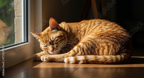 A serene ginger cat deeply asleep, curled up in a sunlit window, embodying ultimate comfort and quiet domestic bliss ,furry ,paw ,tranquil moment