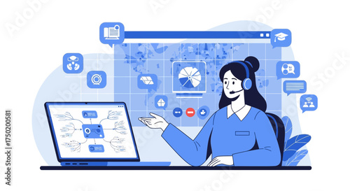 Businesswoman leading webinar with data visualization and customer assistance