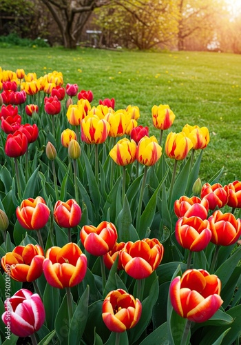 A cluster of colorful blossoms thrives in a sun-drenched garden, representing growth, vitality, and natural splendor ,landscape ,green ,outdoor