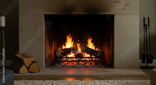 A warm, inviting fireplace hearth with glowing embers and split logs, creating a cozy and comforting ambiance in a modern living space ,relaxation ,architectural ,inviting