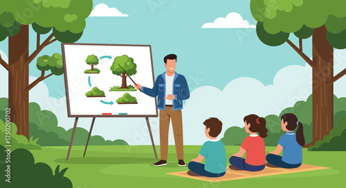 Educational outdoor lesson explaining the cycle of tree growth to children