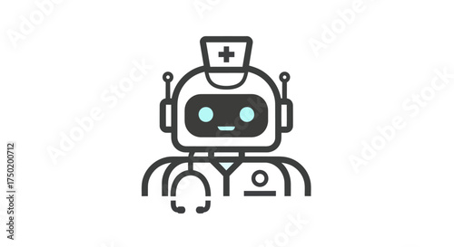 Cartoon-style robot doctor with stethoscope and nurse hat.