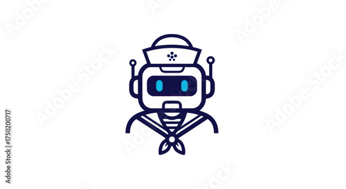 Sailor robot icon with cap, blue eyes, striped shirt, tied scarf on white