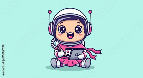 Cartoon astronaut child drawing on tablet with pencil, sitting on light green background