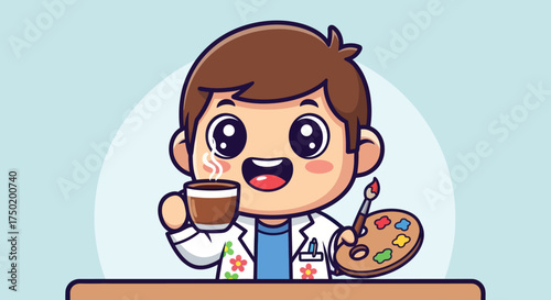 Cartoon artist with coffee and palette