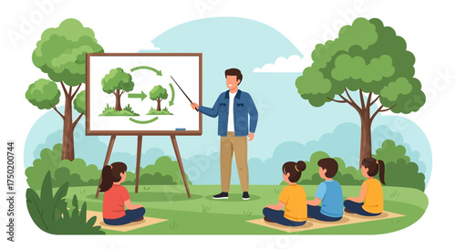 Outdoor Education: Instructor Explaining Tree Growth Cycle to Students in Nature