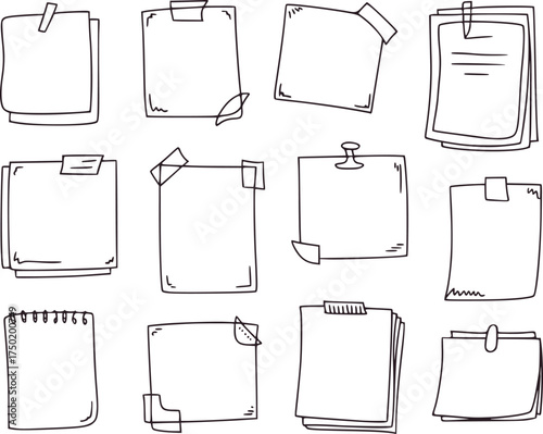 Hand drawn paper notes with tape and clips sticky notes