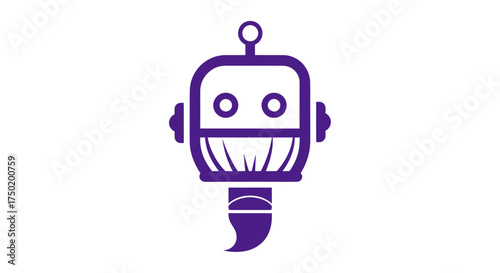 Purple robot head icon atop a stylized paintbrush, on white