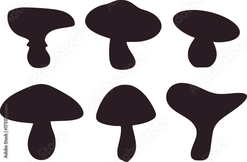 Six dark mushroom silhouettes on white background fungi illustration
