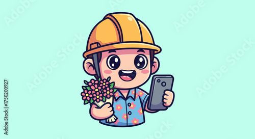 Cartoon builder in helmet, flowers, phone
