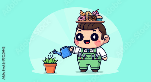Cute gardener with desserts balancing, watering plant