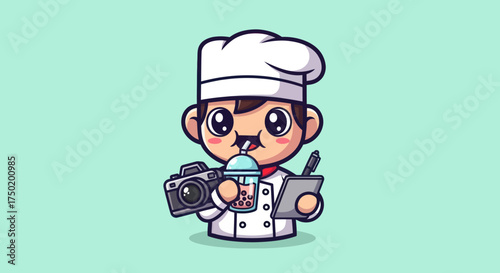 Cartoon chef drinking boba with camera and tablet, on pale turquoise