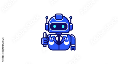 Blue robot with scales and tie gives thumbs up
