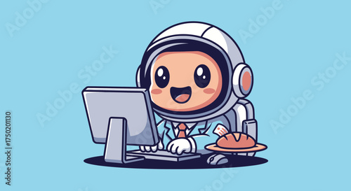 Cartoon astronaut in spacesuit working at a computer with bread nearby