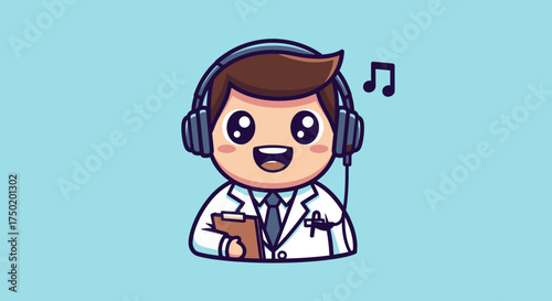 Smiling doctor in coat with headphones, listening to music