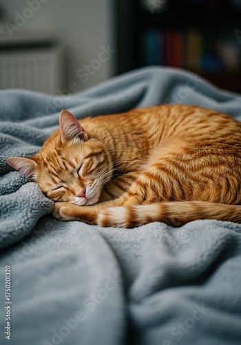 A fluffy orange tabby cat is soundly asleep, curled up comfortably on a soft blanket, showcasing a peaceful and serene moment of deep rest ,cat ,quietude ,indoor