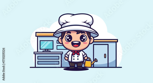Cartoon chef holding watering can in front of kitchen