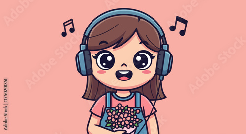 Cartoon of girl with headphones & flowers