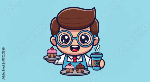 Cartoon boy waiter holding cupcakes and coffee on a light blue background