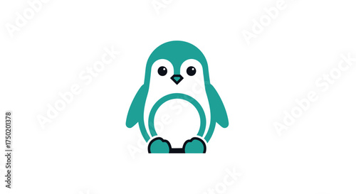 Cartoon-style teal penguin with black eyes and beak against a white background