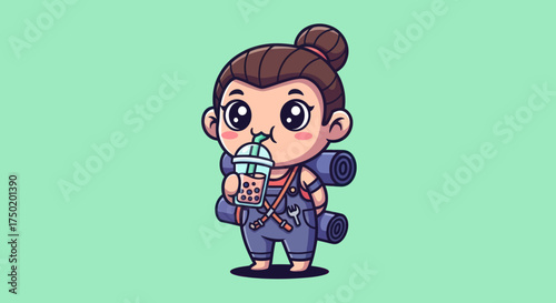 Chibi hiker in overalls drinks bubble tea