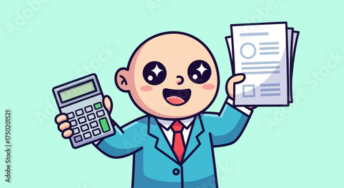 Bald cartoon character holds calculator and papers, on a light-green background