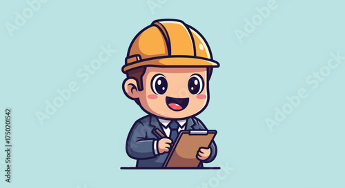 Cartoonish engineer with a hardhat, taking notes