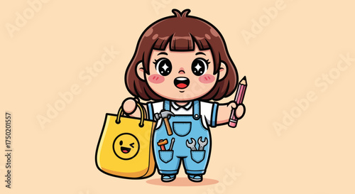 Cartoon girl in overalls holds tools and a bag