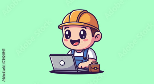 Cartoon builder with laptop and briefcase on pastel background