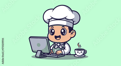 Cartoon chef types on a computer with coffee on a mint green background
