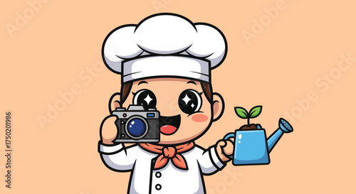 Cartoon chef taking a photo and holding a watering can with plant