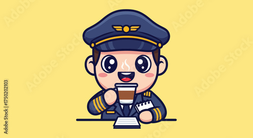 Cartoon pilot drinks coffee
