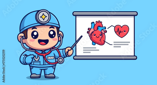 Cartoon medic points to heart diagram on presentation board