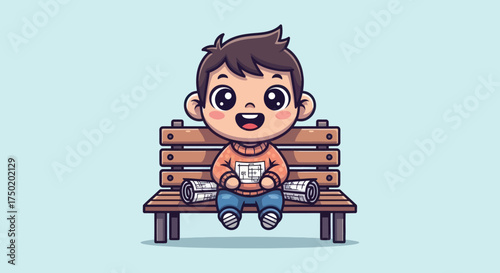 Cartoon boy with plans sits on park bench