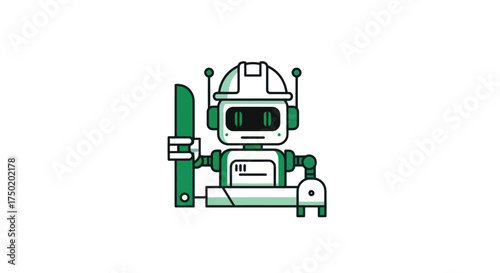 A green & white robot with a helmet holding a green tool stands against a white background