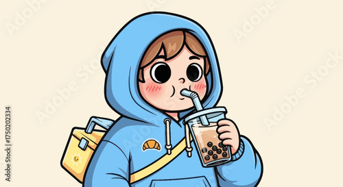 Cartoon person in blue hoodie drinking bubble tea with lunchbox