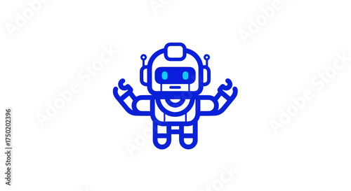 Blue outlined cartoon robot on a white backdrop with raised arms