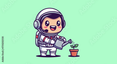 Cartoon astronaut waters plant