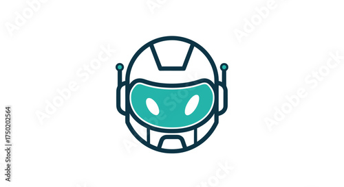 Minimalist teal & dark blue robot head icon, features circular helmet and glowing visor