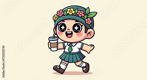 Smiling girl with flowers, drink, uniform