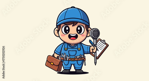 Cartoon repairman wearing overalls and a tool belt, smiling and holding tools