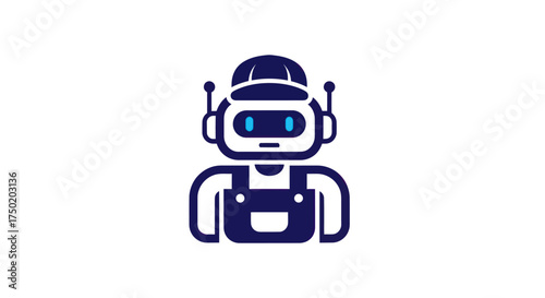 Dark blue and white robot with a cap and overalls