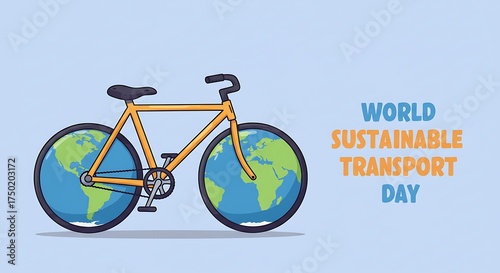 An illustration of a bicycle with globe-shaped wheels next to the text 'World Sustainable Transport Day' on a light blue background, symbolizing eco-friendly travel.